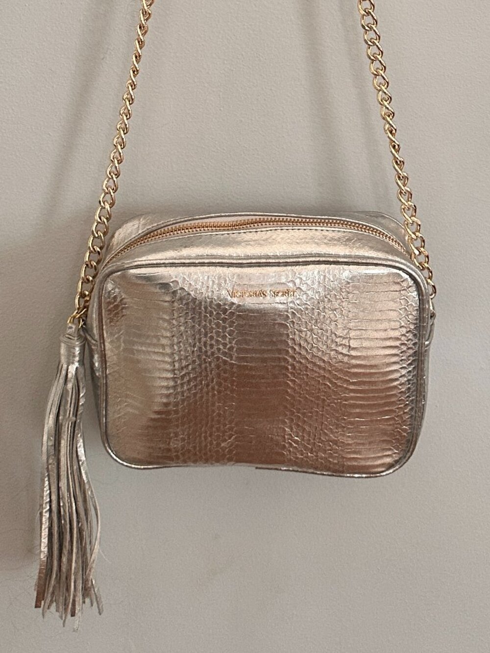 Victoria's Secret Metallic Silver Snake Embossed Crossbody Bag Gold Chain Tassel